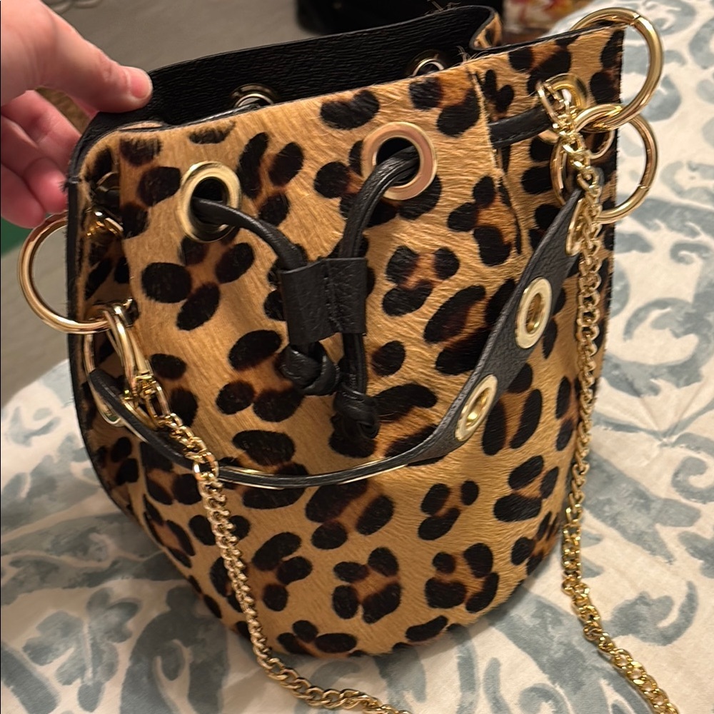 Leopard Print Bucket Bag with Gold Accents Used One Time
